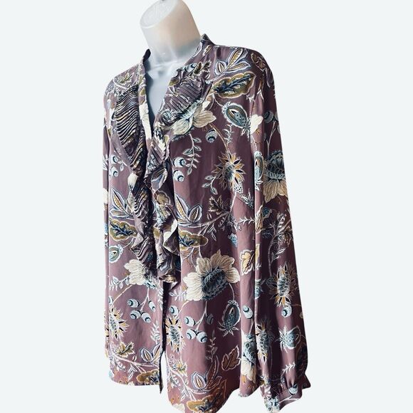 Chico's Floral Ruffled V-Neck Button Down Blouse Long Sleeves Sz XL Cottagecore - Picture 5 of 9